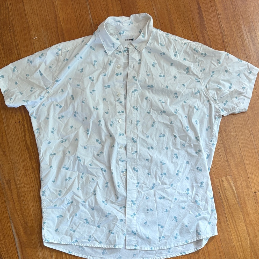 Men's White and Teal Patterned Shirt